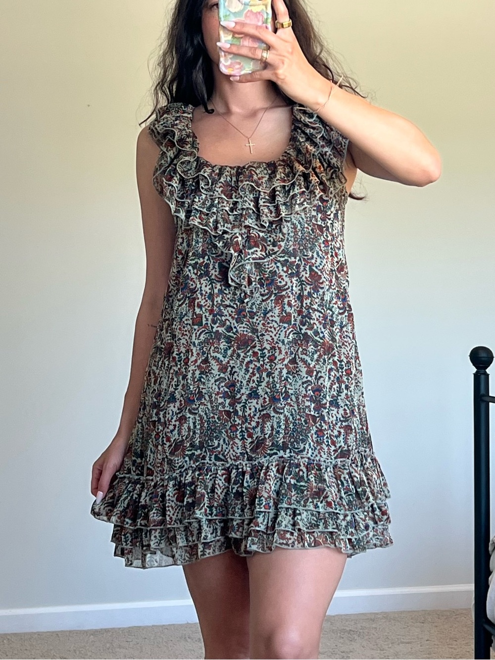 Ruffled Floral Sleeveless Mini Dress - Brown Multi